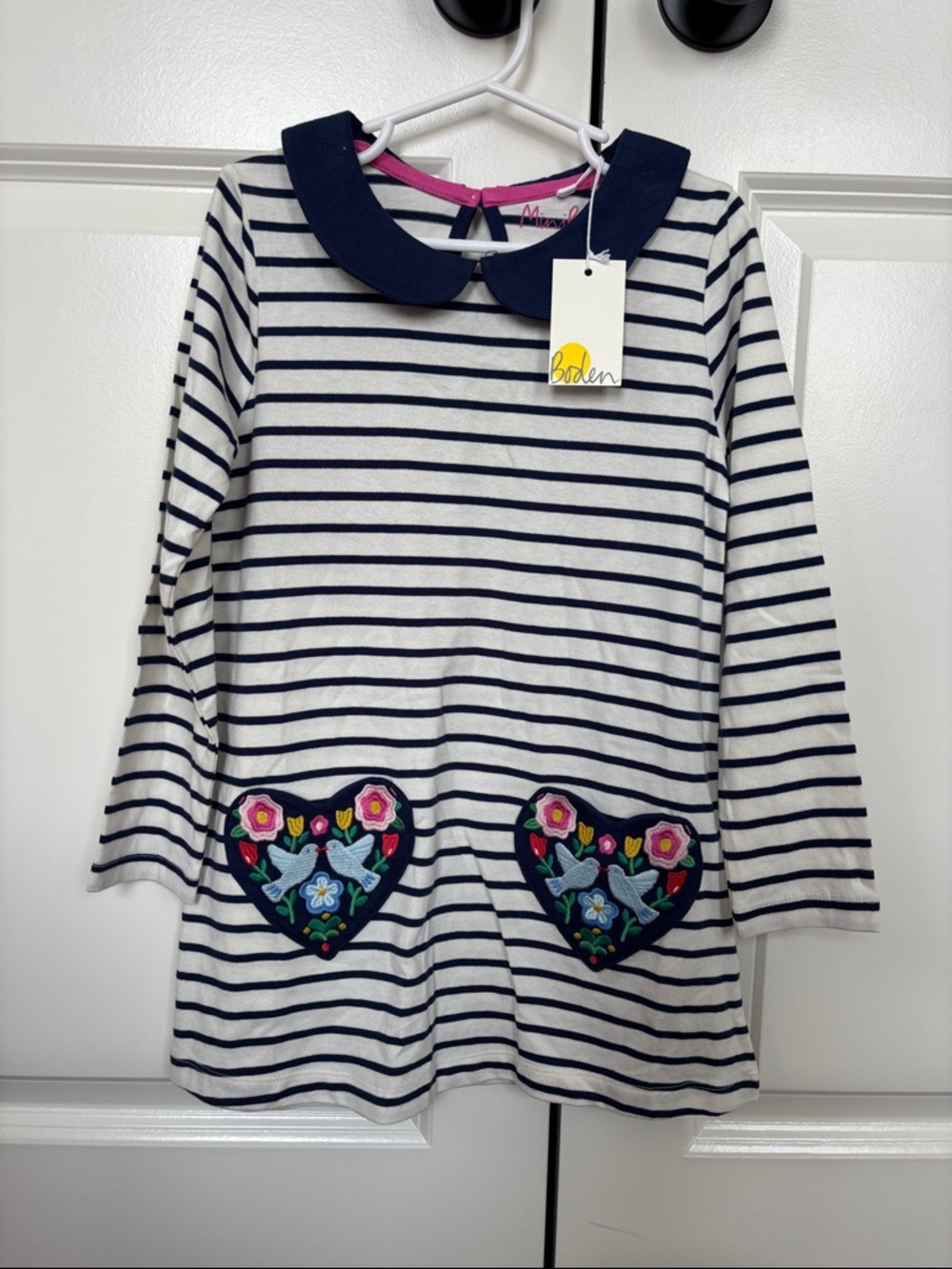 Boden Navy & White Striped Dress with Floral Heart Pockets